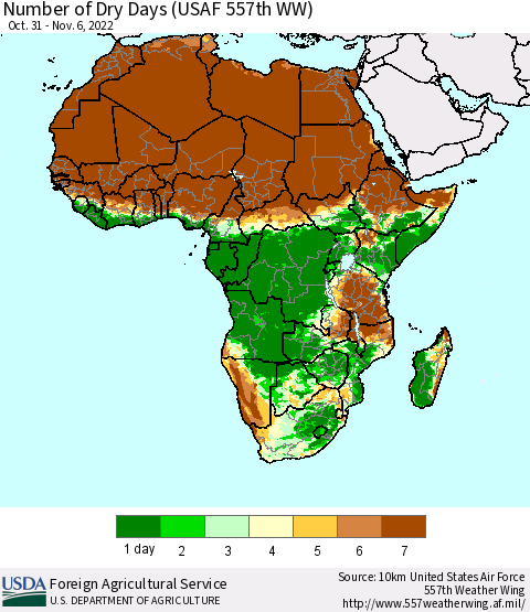 Africa Number of Dry Days (USAF 557th WW) Thematic Map For 10/31/2022 - 11/6/2022