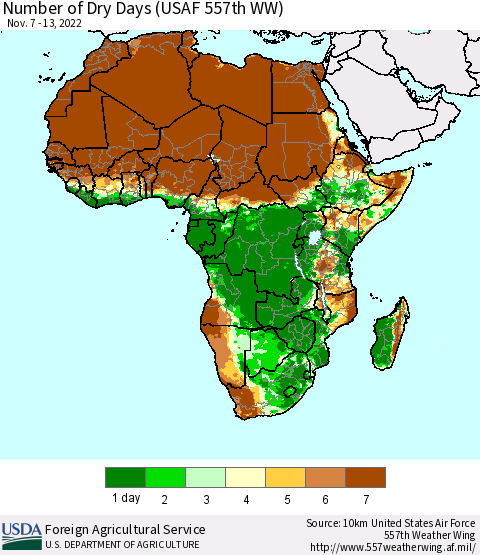 Africa Number of Dry Days (USAF 557th WW) Thematic Map For 11/7/2022 - 11/13/2022