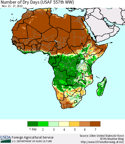 Africa Number of Dry Days (USAF 557th WW) Thematic Map For 11/21/2022 - 11/27/2022