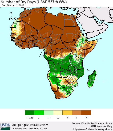 Africa Number of Dry Days (USAF 557th WW) Thematic Map For 12/26/2022 - 1/1/2023
