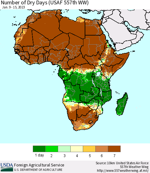 Africa Number of Dry Days (USAF 557th WW) Thematic Map For 1/9/2023 - 1/15/2023