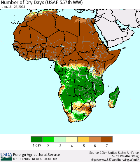 Africa Number of Dry Days (USAF 557th WW) Thematic Map For 1/16/2023 - 1/22/2023