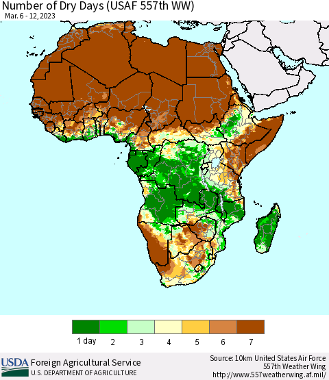 Africa Number of Dry Days (USAF 557th WW) Thematic Map For 3/6/2023 - 3/12/2023