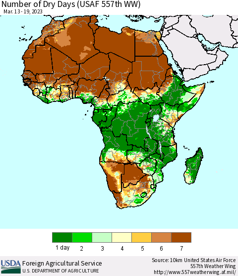 Africa Number of Dry Days (USAF 557th WW) Thematic Map For 3/13/2023 - 3/19/2023