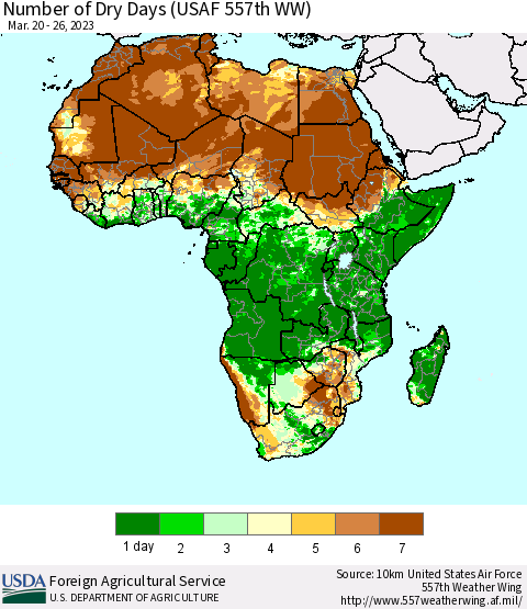 Africa Number of Dry Days (USAF 557th WW) Thematic Map For 3/20/2023 - 3/26/2023