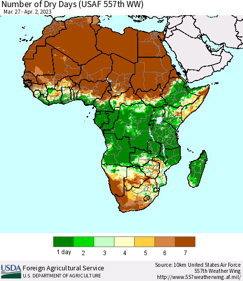 Africa Number of Dry Days (USAF 557th WW) Thematic Map For 3/27/2023 - 4/2/2023