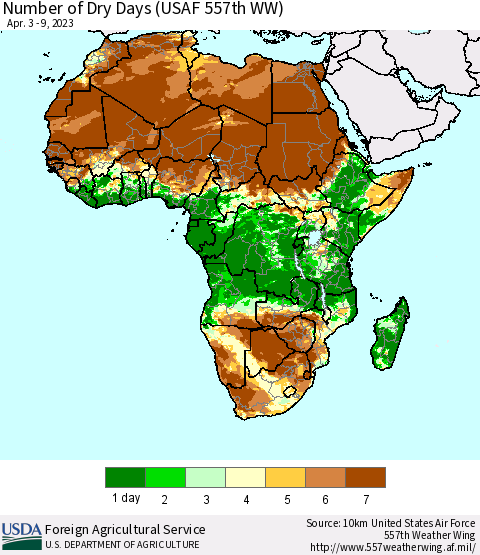 Africa Number of Dry Days (USAF 557th WW) Thematic Map For 4/3/2023 - 4/9/2023