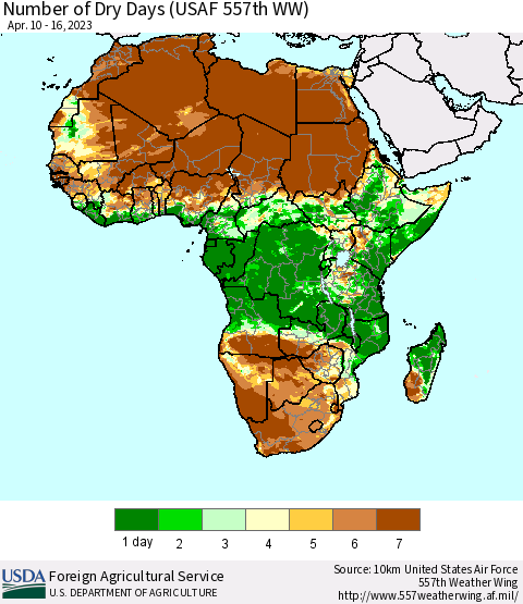Africa Number of Dry Days (USAF 557th WW) Thematic Map For 4/10/2023 - 4/16/2023