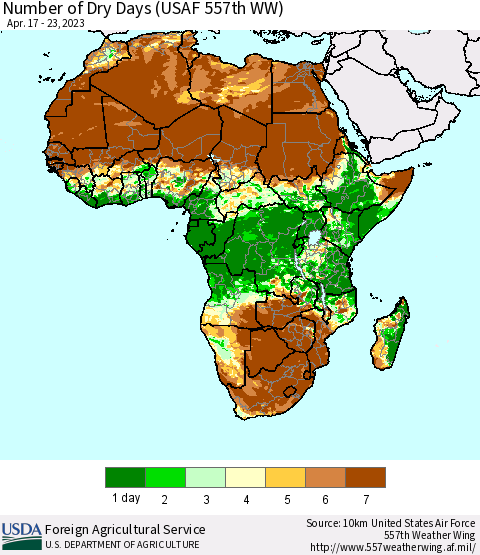 Africa Number of Dry Days (USAF 557th WW) Thematic Map For 4/17/2023 - 4/23/2023
