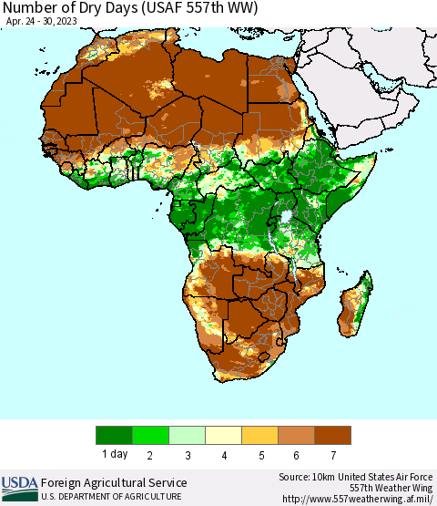 Africa Number of Dry Days (USAF 557th WW) Thematic Map For 4/24/2023 - 4/30/2023