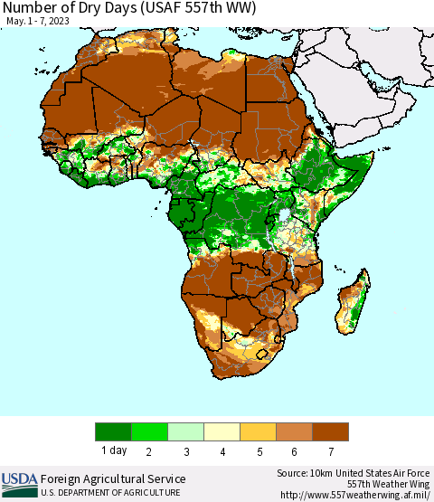 Africa Number of Dry Days (USAF 557th WW) Thematic Map For 5/1/2023 - 5/7/2023