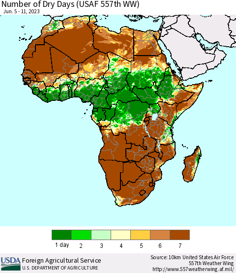 Africa Number of Dry Days (USAF 557th WW) Thematic Map For 6/5/2023 - 6/11/2023