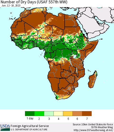 Africa Number of Dry Days (USAF 557th WW) Thematic Map For 6/12/2023 - 6/18/2023