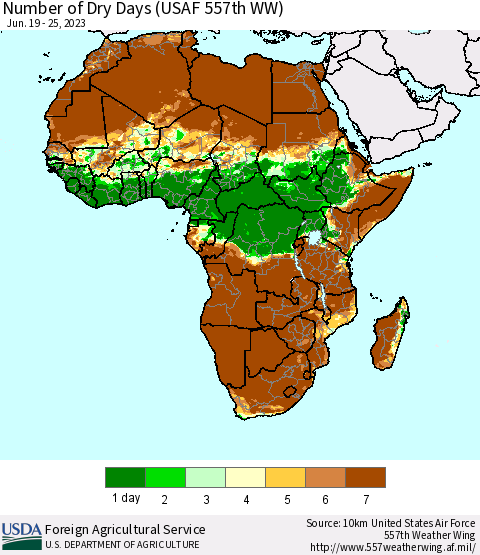 Africa Number of Dry Days (USAF 557th WW) Thematic Map For 6/19/2023 - 6/25/2023