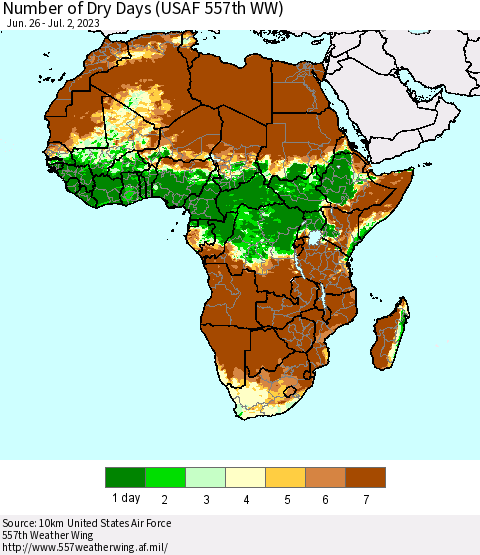 Africa Number of Dry Days (USAF 557th WW) Thematic Map For 6/26/2023 - 7/2/2023