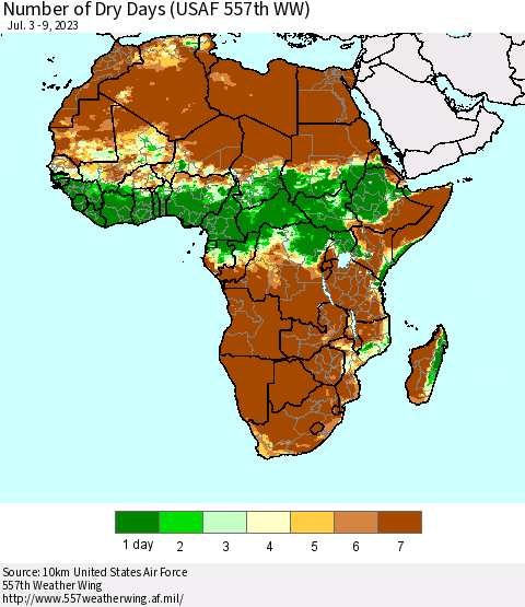 Africa Number of Dry Days (USAF 557th WW) Thematic Map For 7/3/2023 - 7/9/2023