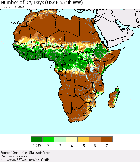 Africa Number of Dry Days (USAF 557th WW) Thematic Map For 7/10/2023 - 7/16/2023