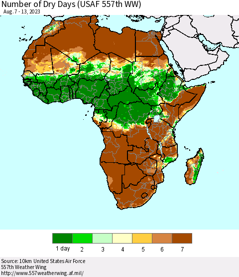Africa Number of Dry Days (USAF 557th WW) Thematic Map For 8/7/2023 - 8/13/2023