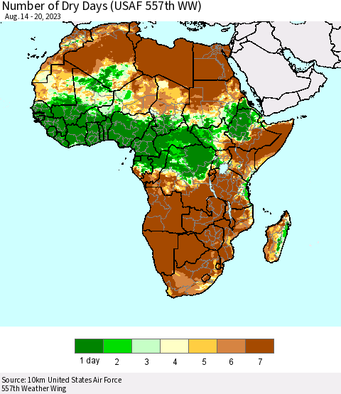 Africa Number of Dry Days (USAF 557th WW) Thematic Map For 8/14/2023 - 8/20/2023