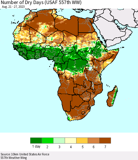 Africa Number of Dry Days (USAF 557th WW) Thematic Map For 8/21/2023 - 8/27/2023