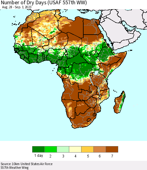 Africa Number of Dry Days (USAF 557th WW) Thematic Map For 8/28/2023 - 9/3/2023