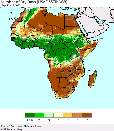 Africa Number of Dry Days (USAF 557th WW) Thematic Map For 9/11/2023 - 9/17/2023