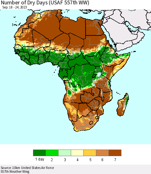 Africa Number of Dry Days (USAF 557th WW) Thematic Map For 9/18/2023 - 9/24/2023
