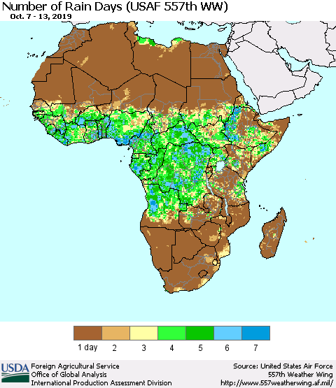 Africa Number of Rain Days (USAF 557th WW) Thematic Map For 10/7/2019 - 10/13/2019