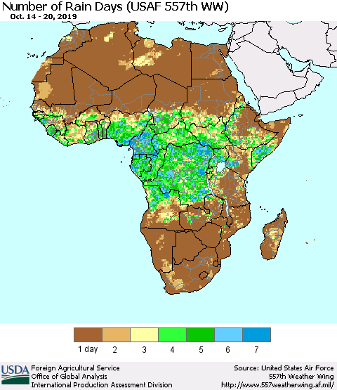 Africa Number of Rain Days (USAF 557th WW) Thematic Map For 10/14/2019 - 10/20/2019