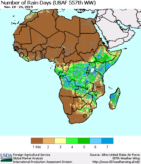 Africa Number of Rain Days (USAF 557th WW) Thematic Map For 11/18/2019 - 11/24/2019