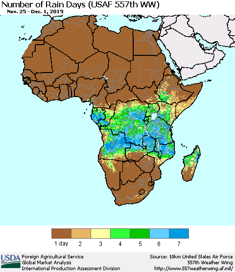 Africa Number of Rain Days (USAF 557th WW) Thematic Map For 11/25/2019 - 12/1/2019