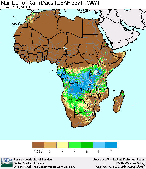 Africa Number of Rain Days (USAF 557th WW) Thematic Map For 12/2/2019 - 12/8/2019