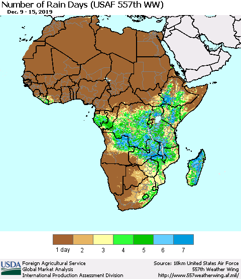 Africa Number of Rain Days (USAF 557th WW) Thematic Map For 12/9/2019 - 12/15/2019