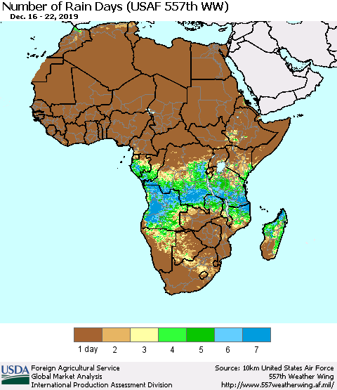 Africa Number of Rain Days (USAF 557th WW) Thematic Map For 12/16/2019 - 12/22/2019