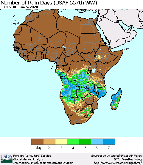Africa Number of Rain Days (USAF 557th WW) Thematic Map For 12/30/2019 - 1/5/2020