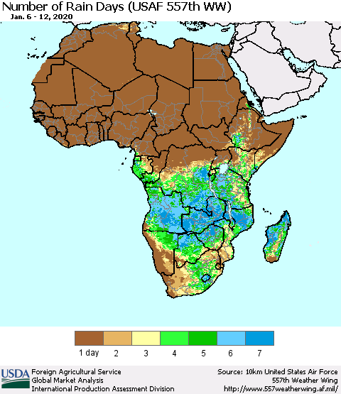 Africa Number of Rain Days (USAF 557th WW) Thematic Map For 1/6/2020 - 1/12/2020
