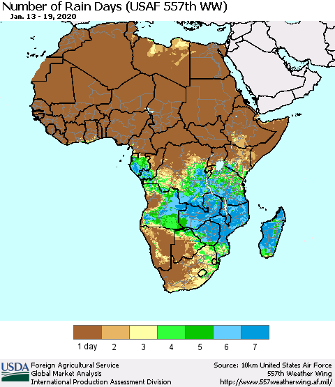 Africa Number of Rain Days (USAF 557th WW) Thematic Map For 1/13/2020 - 1/19/2020
