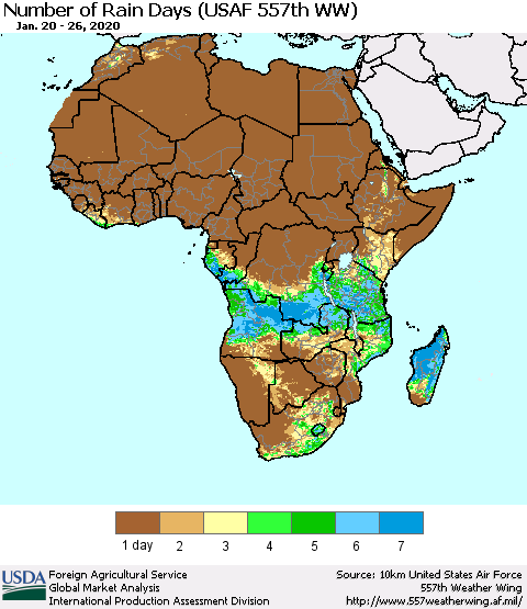 Africa Number of Rain Days (USAF 557th WW) Thematic Map For 1/20/2020 - 1/26/2020