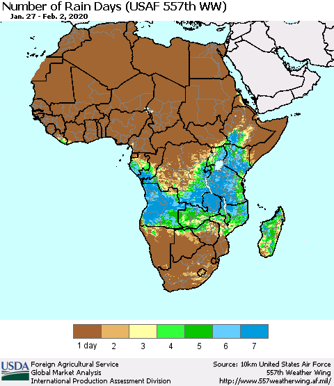 Africa Number of Rain Days (USAF 557th WW) Thematic Map For 1/27/2020 - 2/2/2020