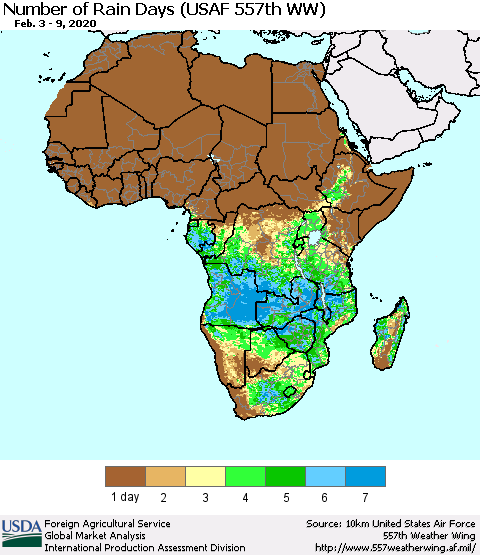 Africa Number of Rain Days (USAF 557th WW) Thematic Map For 2/3/2020 - 2/9/2020
