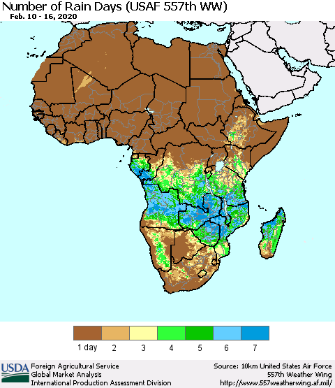 Africa Number of Rain Days (USAF 557th WW) Thematic Map For 2/10/2020 - 2/16/2020