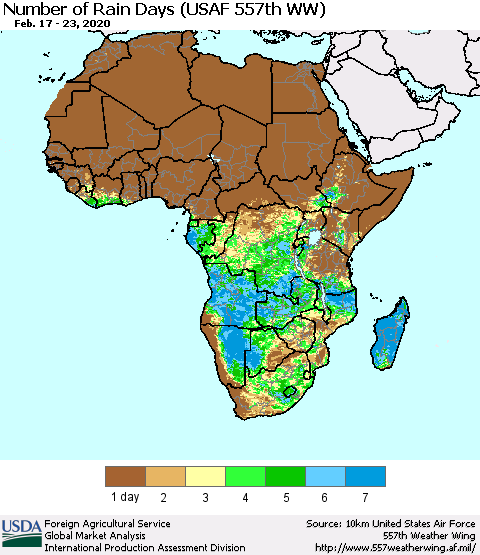 Africa Number of Rain Days (USAF 557th WW) Thematic Map For 2/17/2020 - 2/23/2020