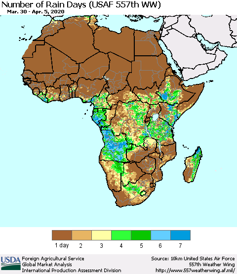 Africa Number of Rain Days (USAF 557th WW) Thematic Map For 3/30/2020 - 4/5/2020