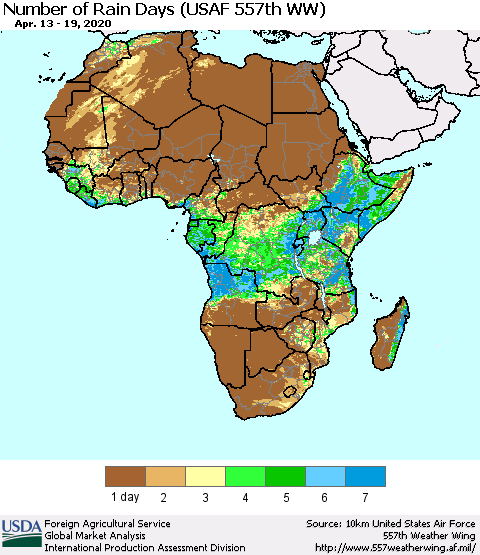 Africa Number of Rain Days (USAF 557th WW) Thematic Map For 4/13/2020 - 4/19/2020