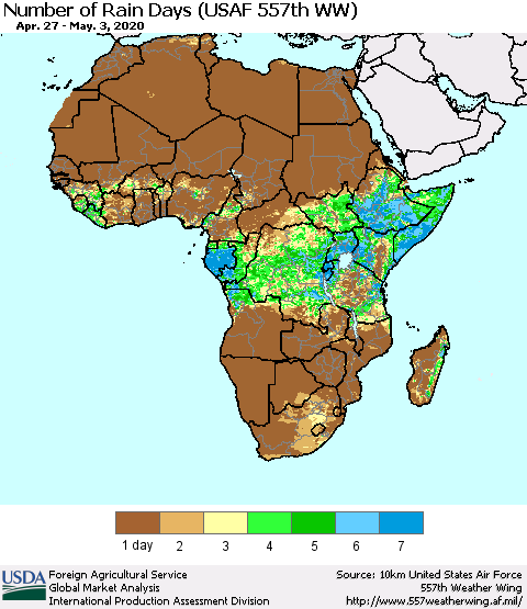 Africa Number of Rain Days (USAF 557th WW) Thematic Map For 4/27/2020 - 5/3/2020