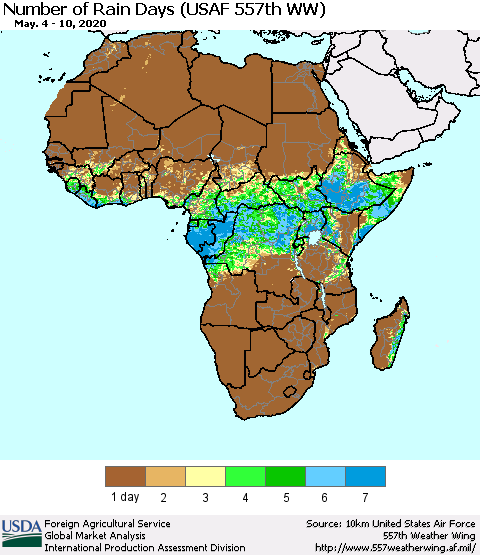 Africa Number of Rain Days (USAF 557th WW) Thematic Map For 5/4/2020 - 5/10/2020