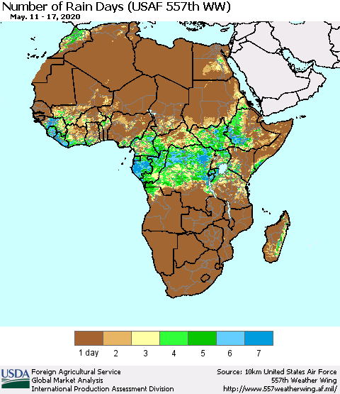 Africa Number of Rain Days (USAF 557th WW) Thematic Map For 5/11/2020 - 5/17/2020