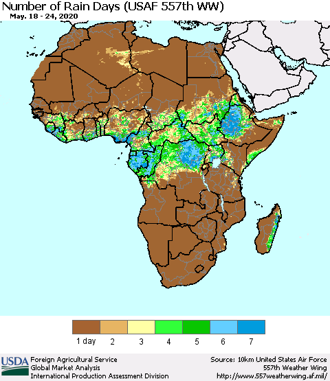 Africa Number of Rain Days (USAF 557th WW) Thematic Map For 5/18/2020 - 5/24/2020