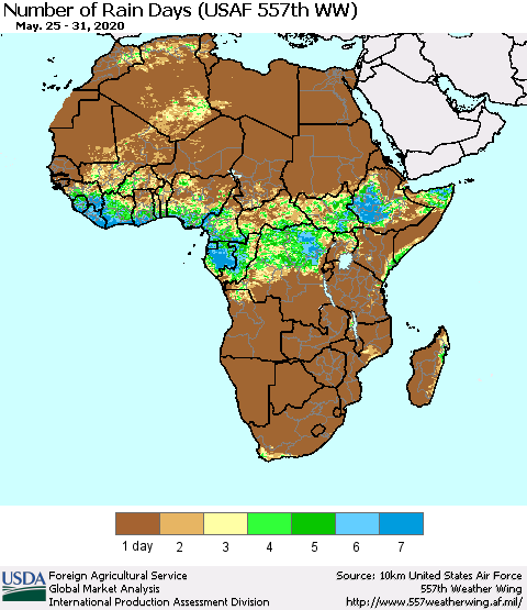 Africa Number of Rain Days (USAF 557th WW) Thematic Map For 5/25/2020 - 5/31/2020