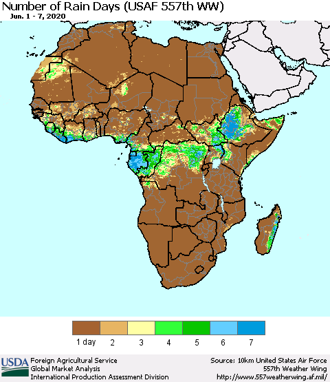Africa Number of Rain Days (USAF 557th WW) Thematic Map For 6/1/2020 - 6/7/2020